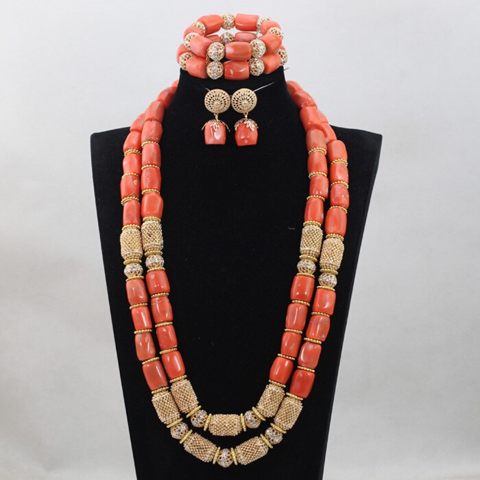 Nigeria Wedding Jewelry Handmade Original Coral African Beads Jewelry Set Gold Dubai Women Costume Jewelry Set Coral Party ABG8
