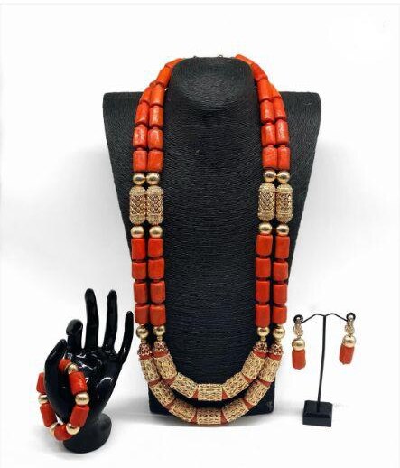Nigeria Wedding Jewelry Handmade Original Coral African Beads Jewelry Set Gold Dubai Women Costume Jewelry Set Coral Party ABG8
