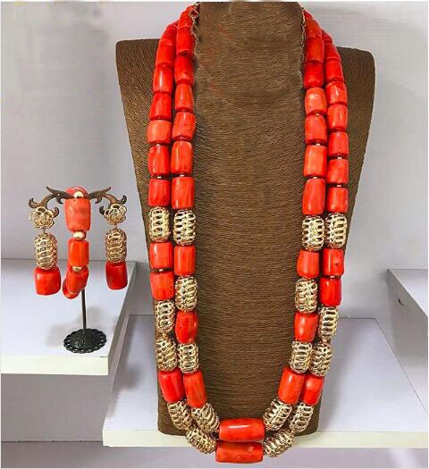 Nigeria Wedding Jewelry Handmade Original Coral African Beads Jewelry Set Gold Dubai Women Costume Jewelry Set Coral Party ABG8