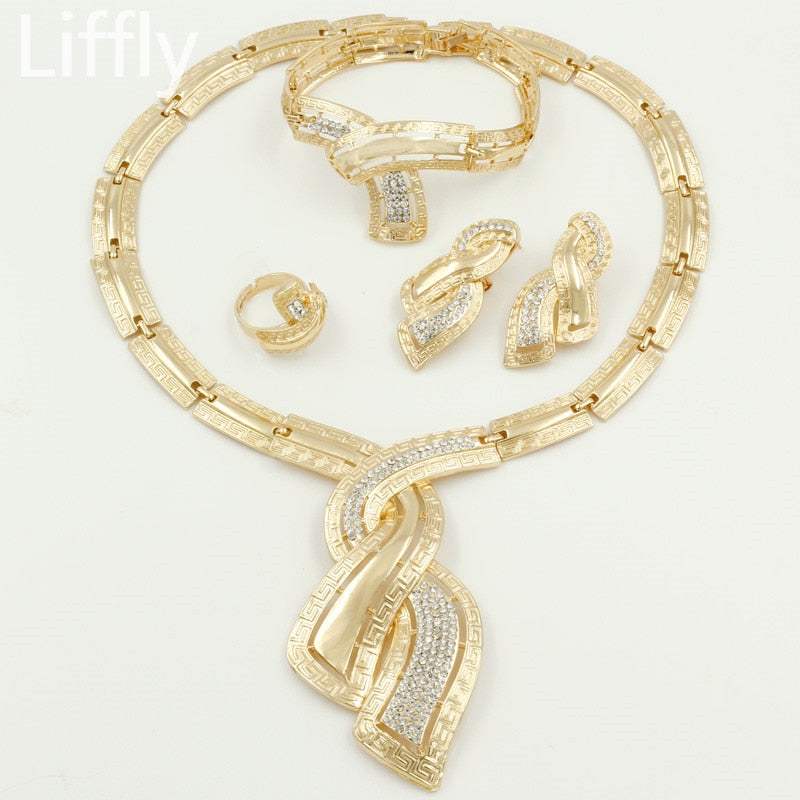 Dubai Gold Jewelry Crystal Necklace Hoop Earrings