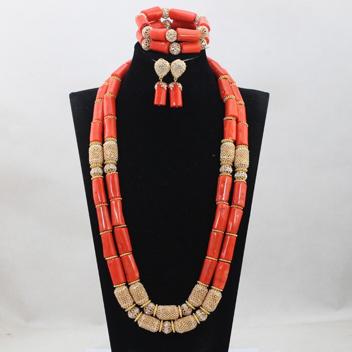 Nigeria Wedding Jewelry Handmade Original Coral African Beads Jewelry Set Gold Dubai Women Costume Jewelry Set Coral Party ABG8