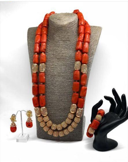 Nigeria Wedding Jewelry Handmade Original Coral African Beads Jewelry Set Gold Dubai Women Costume Jewelry Set Coral Party ABG8