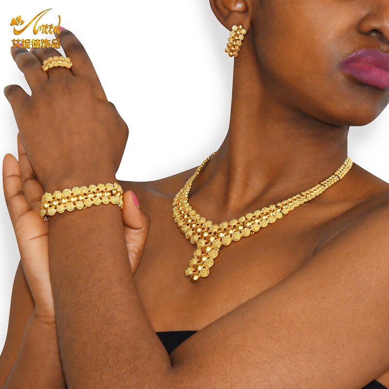 Nigerian Wedding Jewelry Set Gold Plated Dubai African Chokers Necklace Earrings Rings Fashion Bridal Jewellery Sets For Women