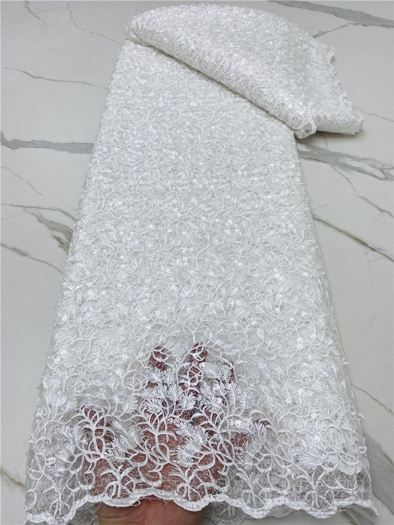 PGC White African Sequence Lace Fabric 5 Yards High Quality French Lace Fabric Nigerian Wedding Asoebi Dress Sewing YA4720B-11