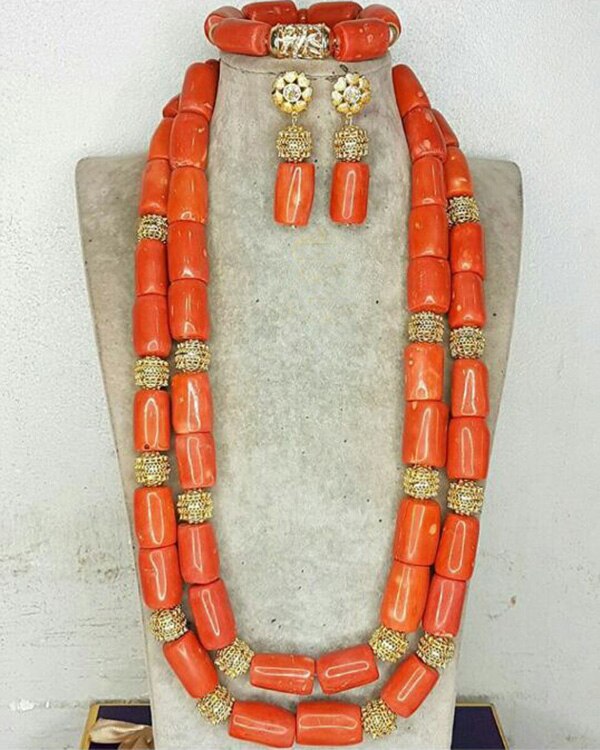 Nigeria Wedding Jewelry Handmade Original Coral African Beads Jewelry Set Gold Dubai Women Costume Jewelry Set Coral Party ABG8