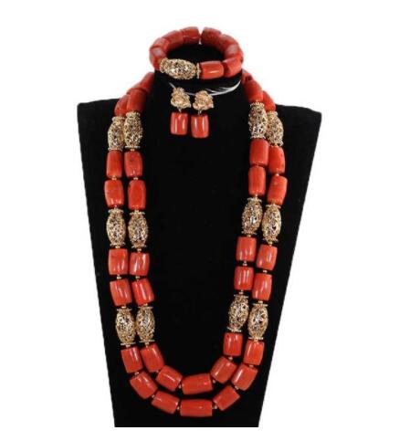Nigeria Wedding Jewelry Handmade Original Coral African Beads Jewelry Set Gold Dubai Women Costume Jewelry Set Coral Party ABG8