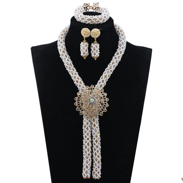 Nigerian African Party Jewelry Set Shinny White and Gold Crystal Rope Chain Necklace Set Women Birthday Gift Jewelry Set ABH467