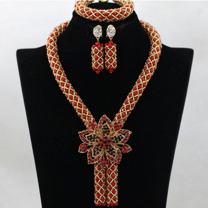 Nigerian African Party Jewelry Set Shinny White and Gold Crystal Rope Chain Necklace Set Women Birthday Gift Jewelry Set ABH467