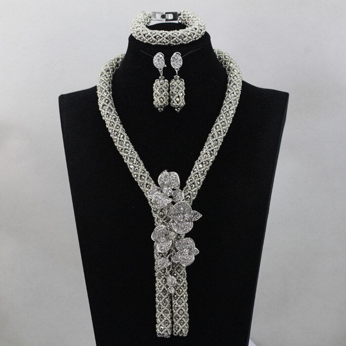 Nigerian African Party Jewelry Set Shinny White and Gold Crystal Rope Chain Necklace Set Women Birthday Gift Jewelry Set ABH467