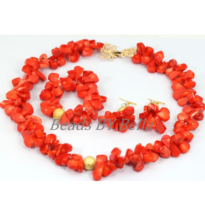 Natural Coral Beads Jewelry Set Necklace Earrings Bracelet Set