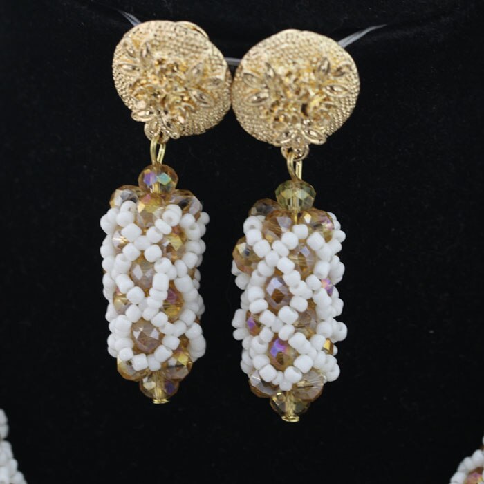 Nigerian African Party Jewelry Set Shinny White and Gold Crystal Rope Chain Necklace Set Women Birthday Gift Jewelry Set ABH467