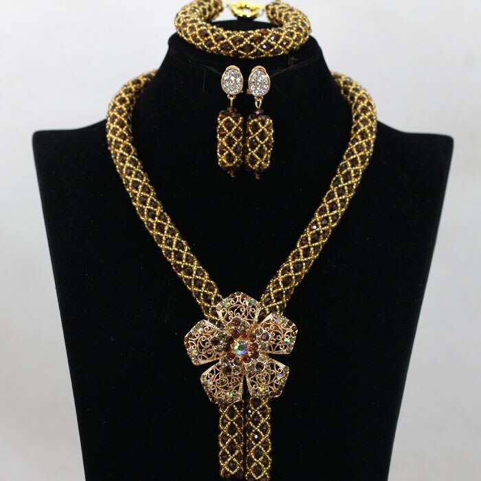 Nigerian African Party Jewelry Set Shinny White and Gold Crystal Rope Chain Necklace Set Women Birthday Gift Jewelry Set ABH467