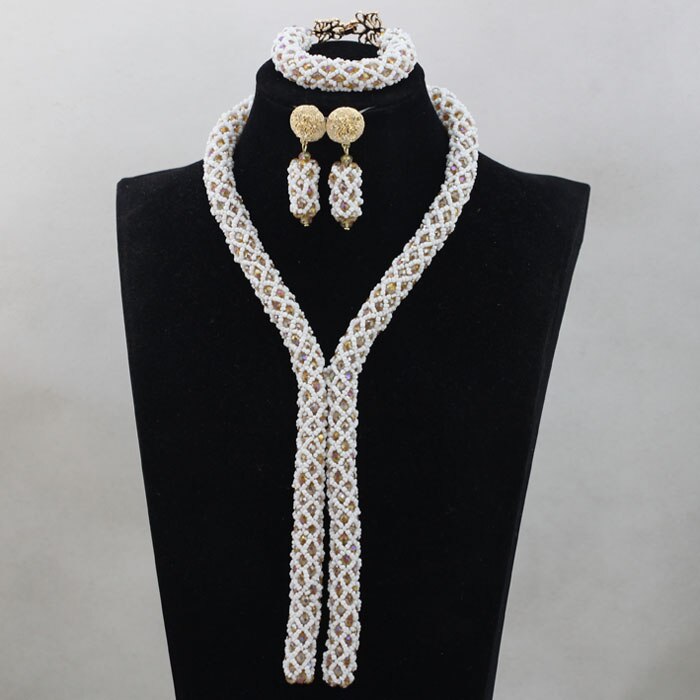 Nigerian African Party Jewelry Set Shinny White and Gold Crystal Rope Chain Necklace Set Women Birthday Gift Jewelry Set ABH467