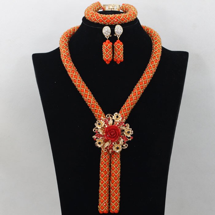 Nigerian African Party Jewelry Set Shinny White and Gold Crystal Rope Chain Necklace Set Women Birthday Gift Jewelry Set ABH467