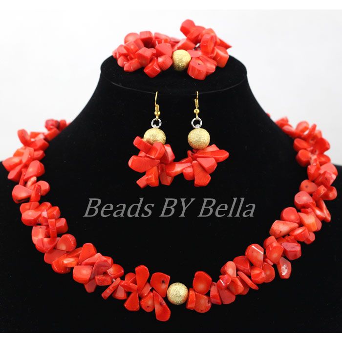 Natural Coral Beads Jewelry Set Necklace Earrings Bracelet Set