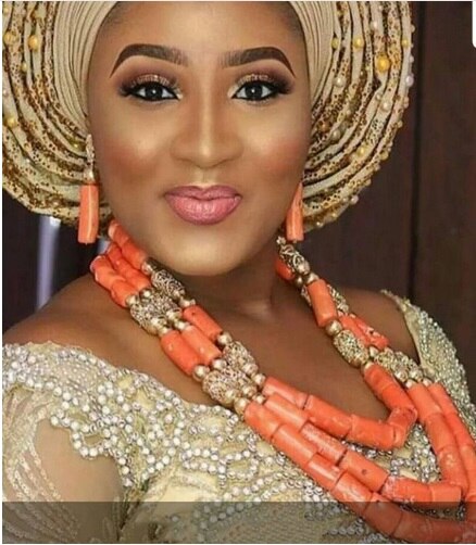 URORU African jewellery Set Nature Original Coral Beads Jewelry Set for women Fashion 2 Layers Nigerian Necklace for Wedding