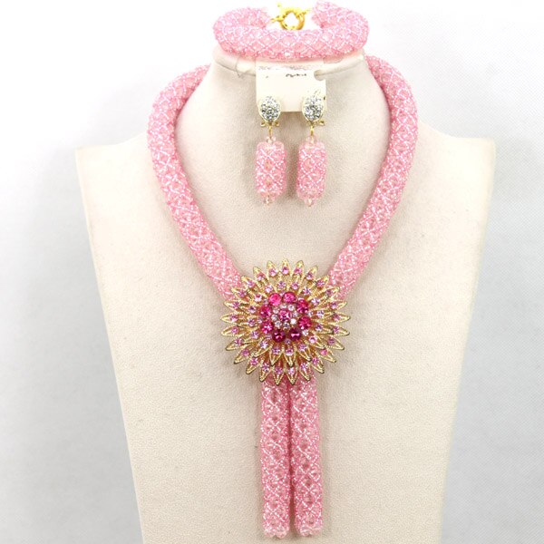 Nigerian African Party Jewelry Set Shinny White and Gold Crystal Rope Chain Necklace Set Women Birthday Gift Jewelry Set ABH467