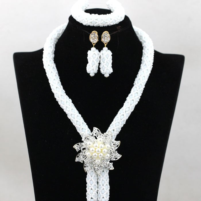 Nigerian African Party Jewelry Set Shinny White and Gold Crystal Rope Chain Necklace Set Women Birthday Gift Jewelry Set ABH467