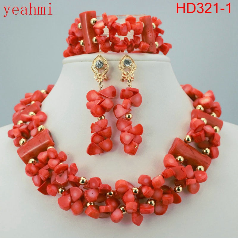Wonderful Gold Color African Coral Beads Jewelry Set Nigerian Beads Necklace African Costume Jewelry Set HD322-1