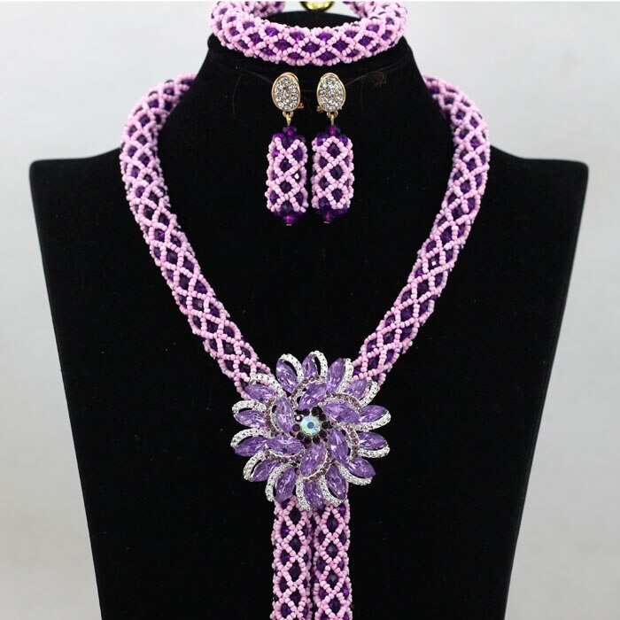 Nigerian African Party Jewelry Set Shinny White and Gold Crystal Rope Chain Necklace Set Women Birthday Gift Jewelry Set ABH467