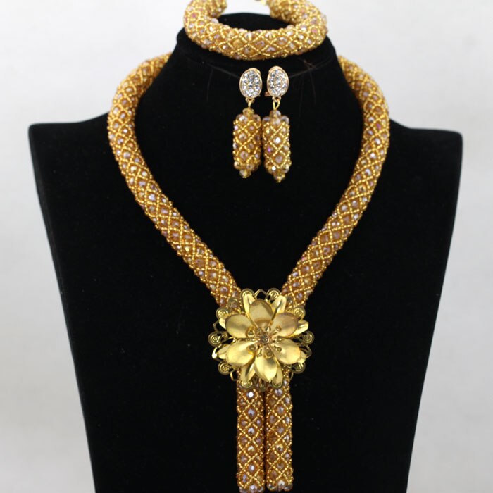 Nigerian African Party Jewelry Set Shinny White and Gold Crystal Rope Chain Necklace Set Women Birthday Gift Jewelry Set ABH467