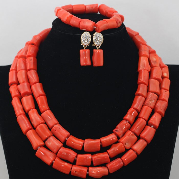 Nigeria Wedding Jewelry Handmade Original Coral African Beads Jewelry Set Gold Dubai Women Costume Jewelry Set Coral Party ABG8
