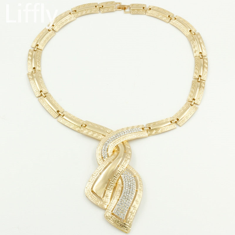 Dubai Gold Jewelry Crystal Necklace Hoop Earrings