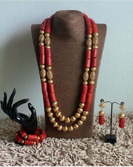 Nigeria Wedding Jewelry Handmade Original Coral African Beads Jewelry Set Gold Dubai Women Costume Jewelry Set Coral Party ABG8