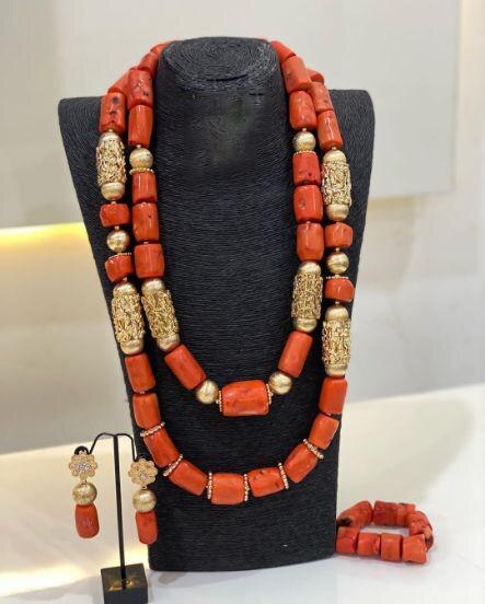 Nigeria Wedding Jewelry Handmade Original Coral African Beads Jewelry Set Gold Dubai Women Costume Jewelry Set Coral Party ABG8