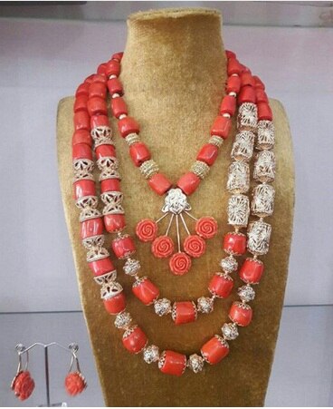 Nigeria Wedding Jewelry Handmade Original Coral African Beads Jewelry Set Gold Dubai Women Costume Jewelry Set Coral Party ABG8