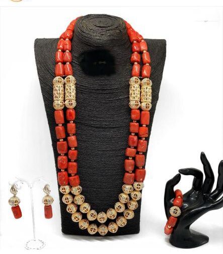 Nigeria Wedding Jewelry Handmade Original Coral African Beads Jewelry Set Gold Dubai Women Costume Jewelry Set Coral Party ABG8