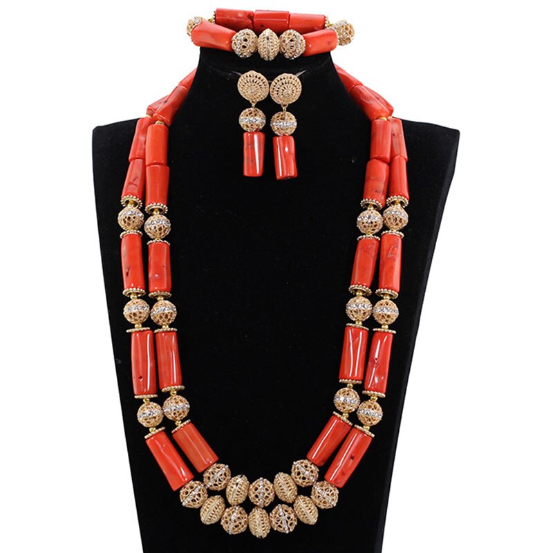 Nigeria Wedding Jewelry Handmade Original Coral African Beads Jewelry Set Gold Dubai Women Costume Jewelry Set Coral Party ABG8
