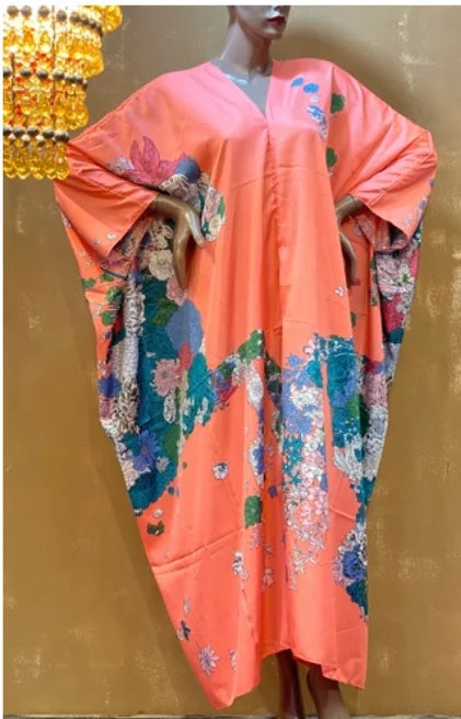 Traditional Print Holiday V-Neck Long Kaftan