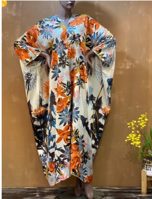 Traditional Print Holiday V-Neck Long Kaftan