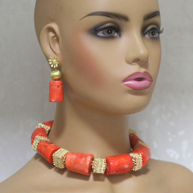 Dudo Choker Nigeria Wedding Jewelry Sets For Women 18-23MM Big Coral African Bridal Bead with Gold Plated Divider 3 Pieces