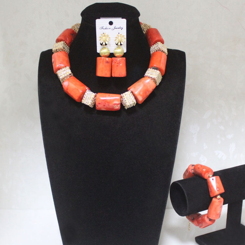 Dudo Choker Nigeria Wedding Jewelry Sets For Women 18-23MM Big Coral African Bridal Bead with Gold Plated Divider 3 Pieces