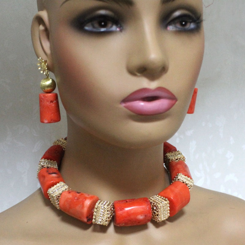 Dudo Choker Nigeria Wedding Jewelry Sets For Women 18-23MM Big Coral African Bridal Bead with Gold Plated Divider 3 Pieces