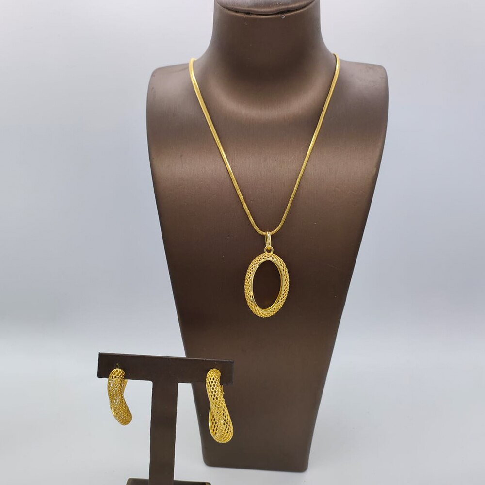 Nigerian Gold Plated Jewelry Set Long Chain Necklace and Earrings 2Pcs Set 18k Gold Color Women Fashion Weddings Party Gifts