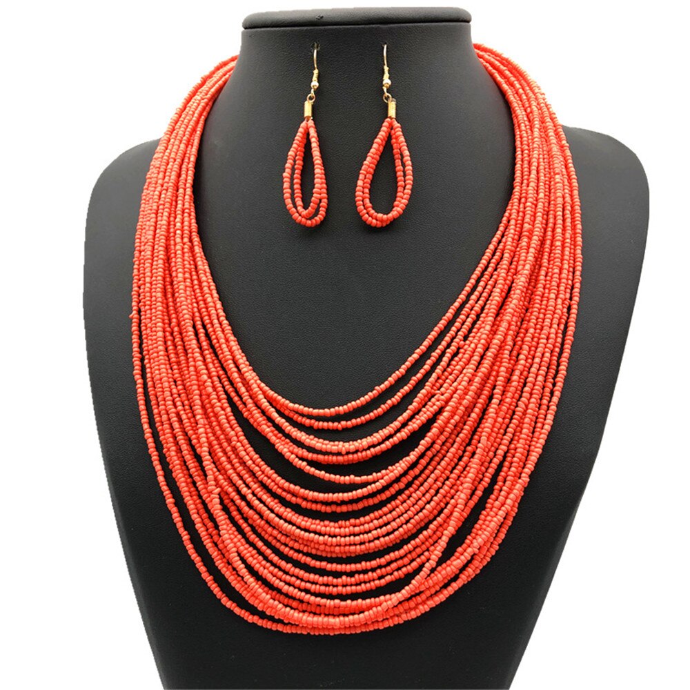 Multi Layer Beads Statement Women Necklace Earrings Sets Handmade Bohemian Bridal Wedding Party Accessories African Jewelry Bibs