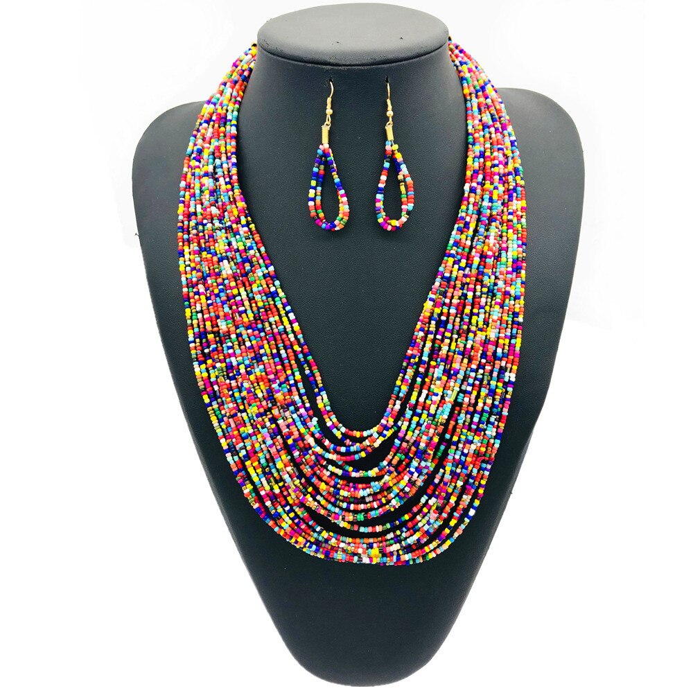 Multi Layer Beads Statement Women Necklace Earrings Sets Handmade Bohemian Bridal Wedding Party Accessories African Jewelry Bibs