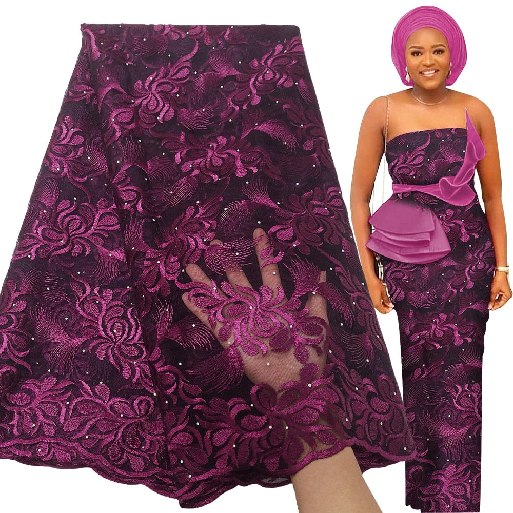 Texgate Latest French Tulle Lace Fabric High Quality Embroidery Beaded African Lace Fabric 5 Yards For Nigerian Wedding Asoebi