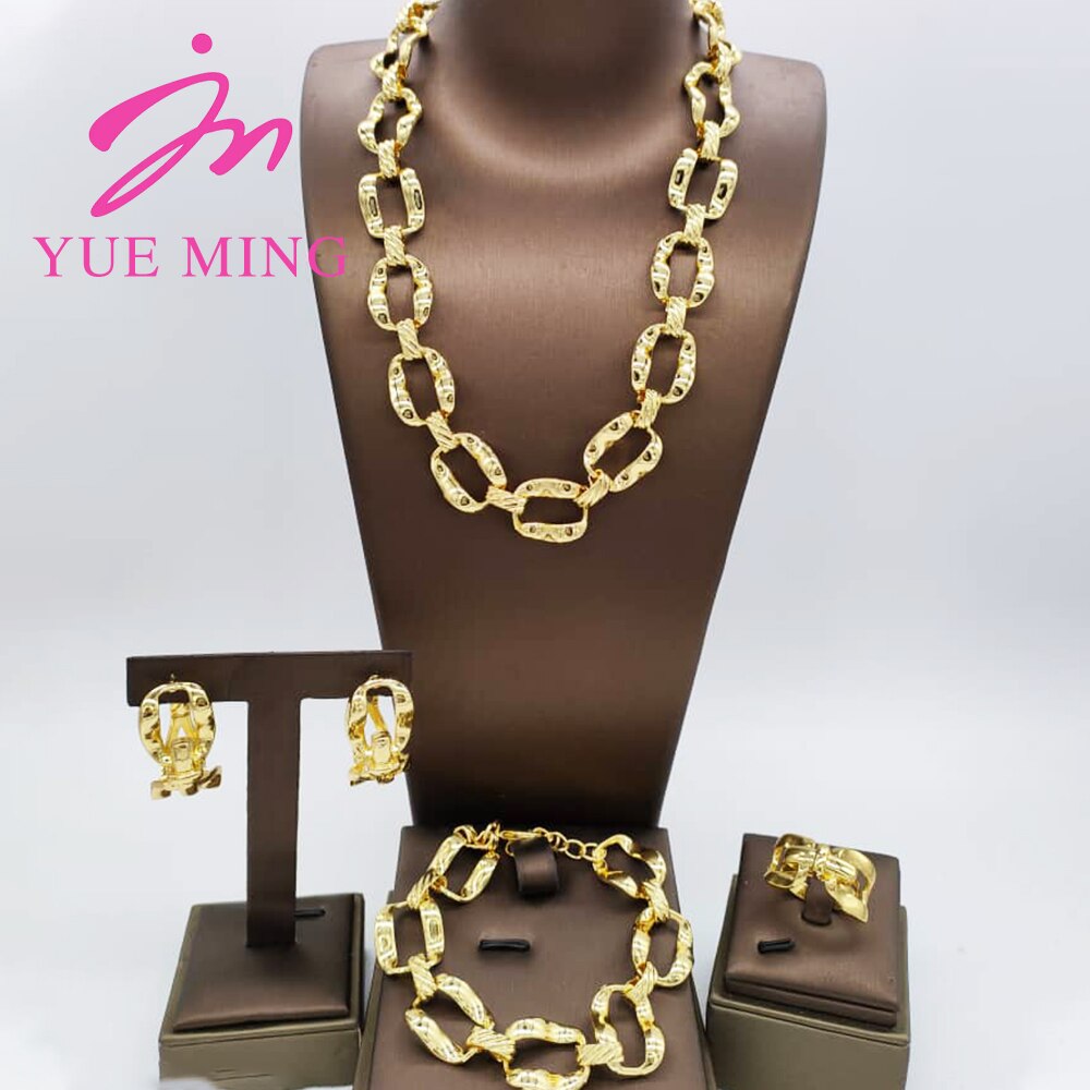 Nigerian Wedding Jewelry Set Gold Plated Copper Chain Dubai African Necklace Bracelet Rings Fashion Bridal Earrings For Women