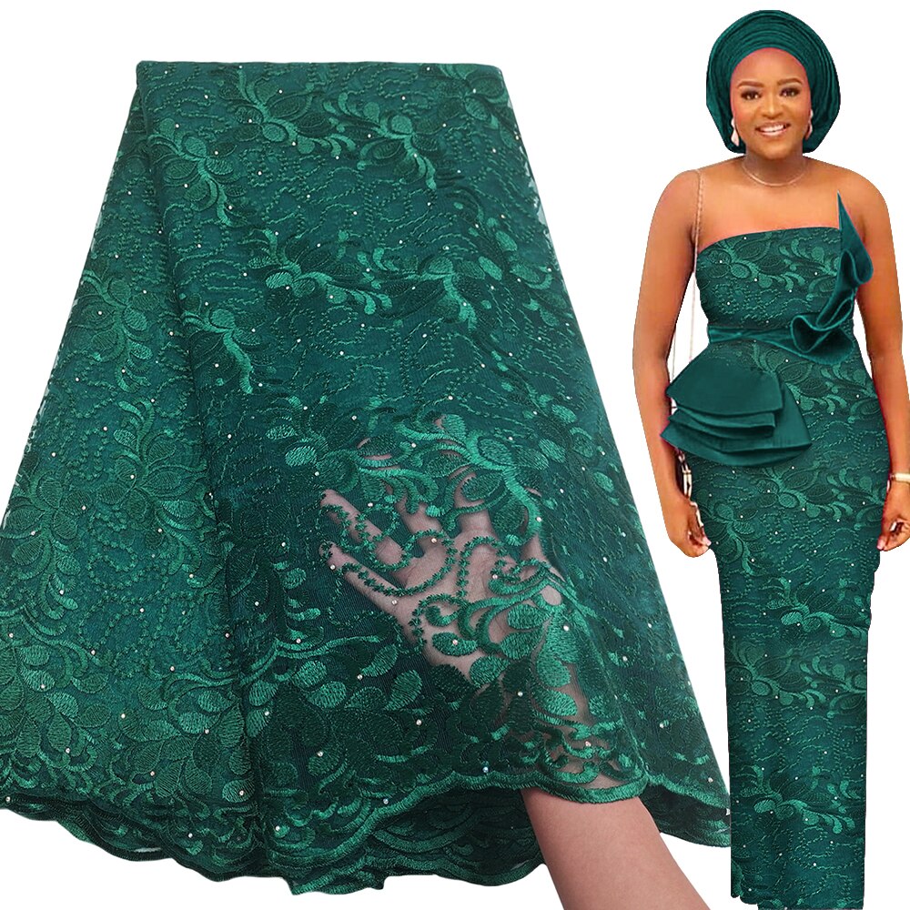 Rhinestones Embroidery African Lace Fabric 5 Yards