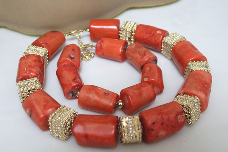 Dudo Choker Nigeria Wedding Jewelry Sets For Women 18-23MM Big Coral African Bridal Bead with Gold Plated Divider 3 Pieces