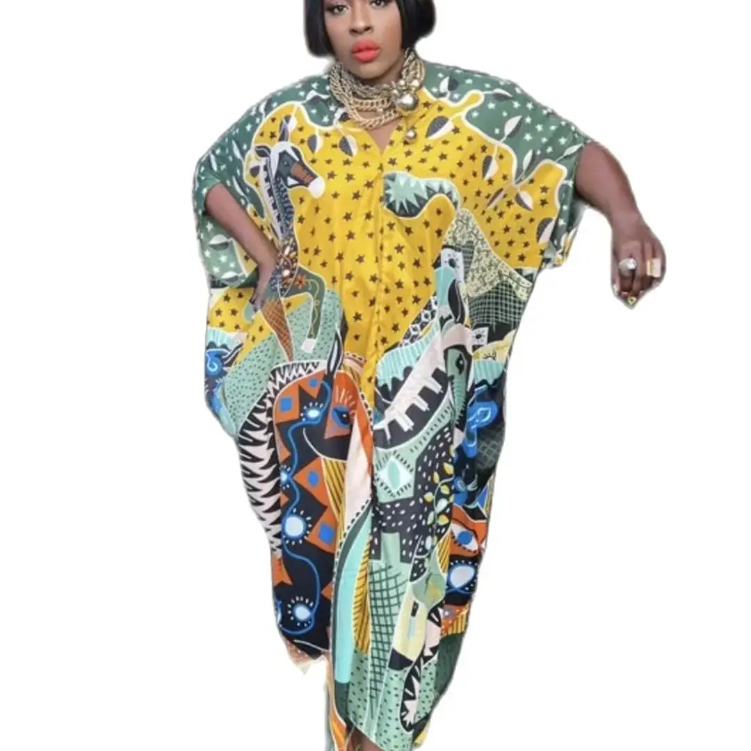Traditional Print Holiday V-Neck Long Kaftan