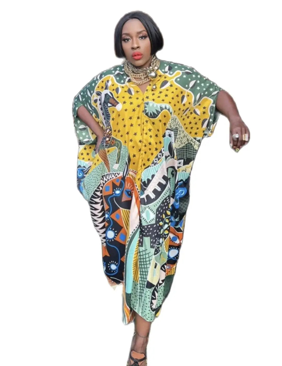 Traditional Print Holiday V-Neck Long Kaftan