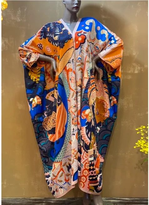 Traditional Print Holiday V-Neck Long Kaftan