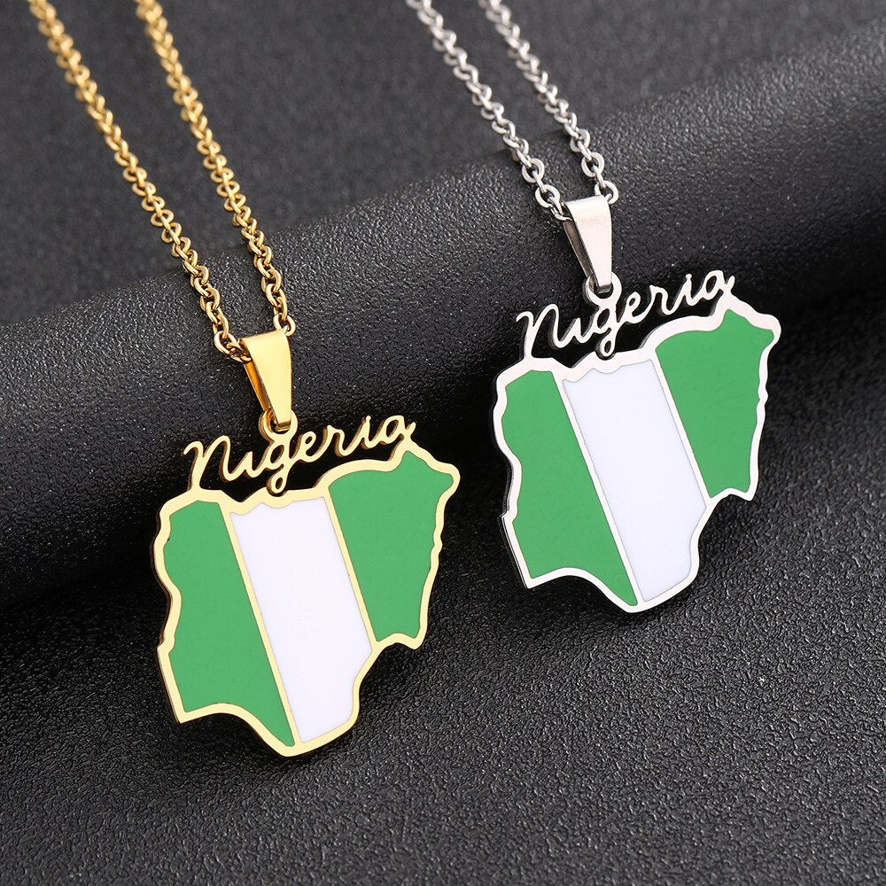 Gold Plated Stainless Steel Nigerian Map Pendant Necklace Unisex
