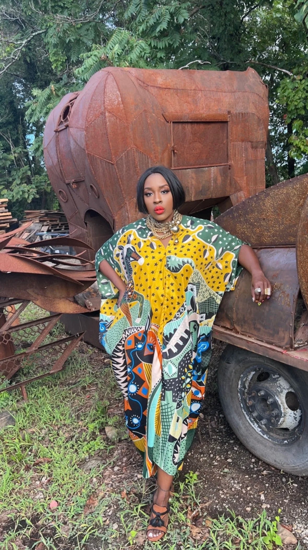 Traditional Print Holiday V-Neck Long Kaftan