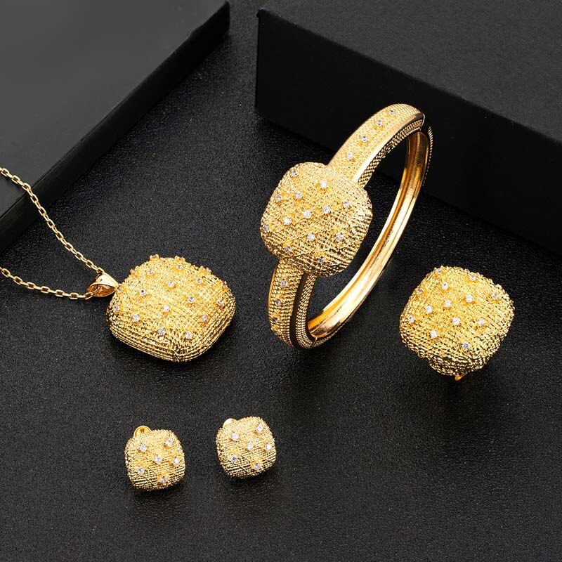 Zlxgirl brand African Nigerian Gold chain pendant earring bracelet ring four pc jewelry set Dubai gold bridal bijoux set couple